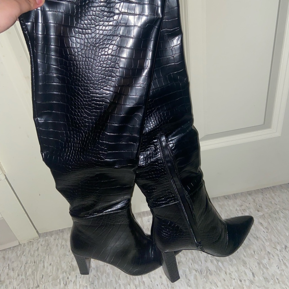 Leather croc thigh high heels